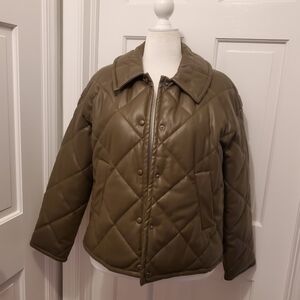 Mark Alan New York Quilted Faux Leather Jacket Size Large Olive Green In Color